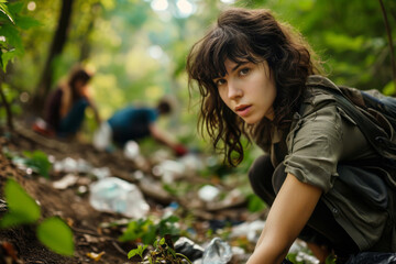 Volunteers collecting plastic trash in the forest. Cleaning the forest of garbage. The concept of environmental conservation. Global environmental pollution.