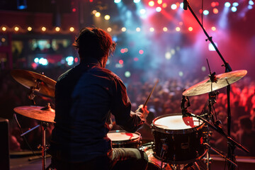 Back view of band drummer performing on stage. Silhouette of a man playing drums during live concert.