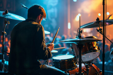Back view of band drummer performing on stage. Silhouette of a man playing drums during live concert.