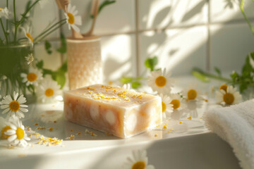 Obraz na płótnie Canvas Handmade pastel chamomile soap in white sunny bathroom. Home made spa, skincare and cosmetology concept.