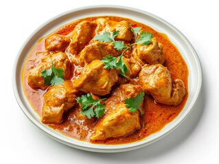 A plate of delicious chicken curry with a white background. Complete with spice ingredients.