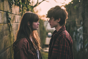 Young teen couple on their first date. Teenage boy and teenage girl celebrating Valentine's Day. Boyfriend and girlfriend spending time together outdoors. First love concept. - obrazy, fototapety, plakaty