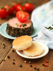 Tasty duck pate appetizer with fresh herbs