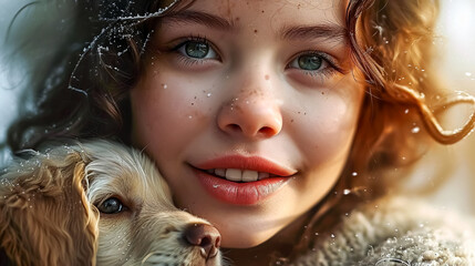 Beautiful girl with a dog in the winter forest. Portrait of a girl with a dog. Closeup portrait of a cute little girl with her dog in winter.