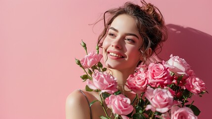 Fototapeta premium Portrait of smiling women wearing surrounded by pink roses on a pink background. Blossoming Beauty. Women's day, Valentine's Day, wedding, birthday