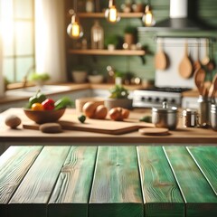 Obraz na płótnie Canvas Empty wooden kitchen counter with rustic accents. Homey kitchen elegance. Blurred background of cozy cooking space.