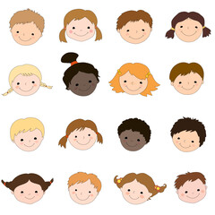 Set of sixteen cute smiling kids heads isolated on white. 