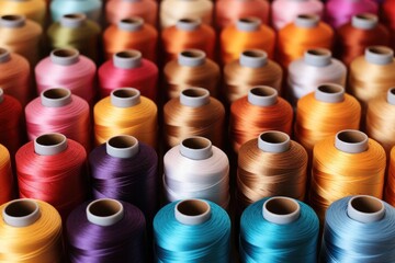 Close up multi colored spool sewing thread background. Generative AI.