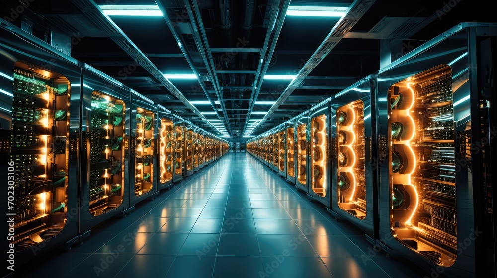Aufkleber Server farms with rows of computers and mining rigs, Consuming vast amounts of electricity. Generative AI.