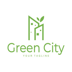 green and healthy modern city with leaf logo design for business, property, building, eco city, future city, architect, environmentally friendly