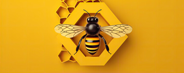 Bee yellow design in wide banner. Logo fly bee created for printing