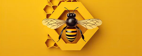 Fotobehang Bee yellow design in wide banner. Logo fly bee created for printing © amazingfotommm