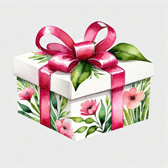 Gift box with pink flowers watercolor clipart isolated on white background