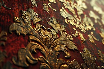 shabby chic ackground with a textured damask pattern in dark red and metallic gold, wallpaper