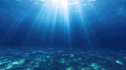 Deep ocean, blue underwater with sunlight shine to sand sea floor - obrazy, fototapety, plakaty
