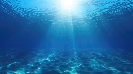 Poster Deep ocean, blue underwater with sunlight shine to sand sea floor © Eyepain