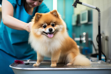 Professional groomer taking care of cute fluffy dog at the grooming salon. Baths, haircuts, nail trimming, brushing, eye and ear cleaning, de-shedding treatment for family pets.