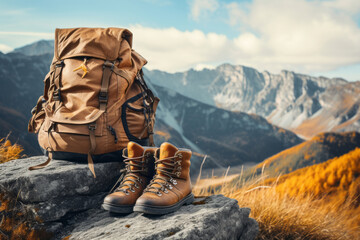 Backpack and leather ankle boots in the mountains on sunny summer day. Hiking equipment.