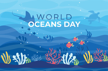 Background with sea. World oceans day background with underwater ocean, shinny light coral, sea plants, stingray and turtle.