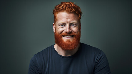 Headshot of red haired serious young male blogger looks confidently at camera, thinks about new content of his web page, dressed casually, isolated over dark studio background