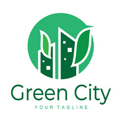 green and healthy modern city with leaf logo design for business, property, building, eco city, future city, architect, environmentally friendly