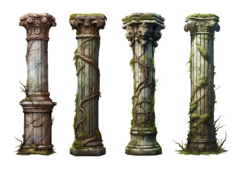 Old Ruins Pillar Set Isolated on Transparent Background
