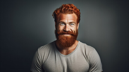 Headshot of red haired serious young male blogger looks confidently at camera, thinks about new content of his web page, dressed casually, isolated over dark studio background