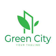 green and healthy modern city with leaf logo design for business, property, building, eco city, future city, architect, environmentally friendly
