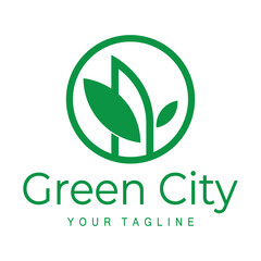 green and healthy modern city with leaf logo design for business, property, building, eco city, future city, architect, environmentally friendly