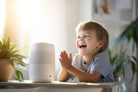 Cheerful little child talking to a smart speaker in a living room. Virtual assistant with AI voice recognition on a table.