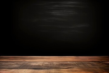 Wooden table with dark black background, in the style of spectacular backdrops, hard edge painter - obrazy, fototapety, plakaty