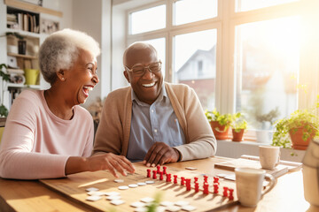 Beautiful loving couple in a retirement home. Senior man and a senior lady playing table game in a nursing home. Housing facility intended for the elderly people. - Powered by Adobe
