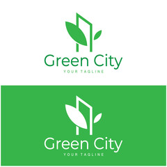 green and healthy modern city with leaf logo design for business, property, building, eco city, future city, architect, environmentally friendly