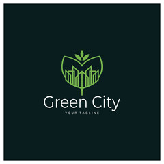 green and healthy modern city with leaf logo design for business, property, building, eco city, future city, architect, environmentally friendly