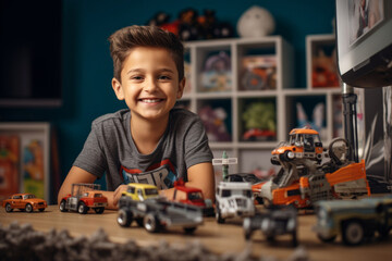 Cheerful 10 years old boy portrait in his room surrounded with toys. Child having fun with toy cars. Kid spending time in a cozy living room at home. - obrazy, fototapety, plakaty
