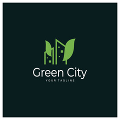 green and healthy modern city with leaf logo design for business, property, building, eco city, future city, architect, environmentally friendly