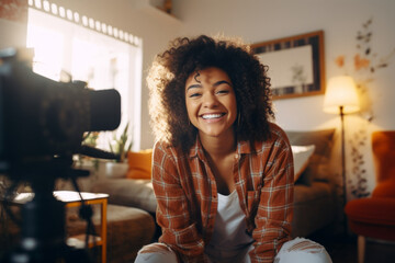 Beautiful young woman recording video blog with her camera. Teen influencer creating content for her social media account. Social media and blogging concept. - obrazy, fototapety, plakaty