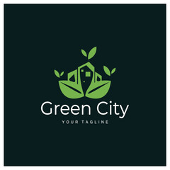 green and healthy modern city with leaf logo design for business, property, building, eco city, future city, architect, environmentally friendly