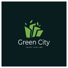 green and healthy modern city with leaf logo design for business, property, building, eco city, future city, architect, environmentally friendly
