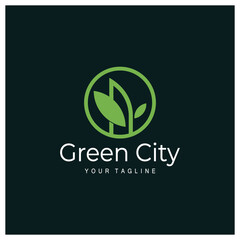 green and healthy modern city with leaf logo design for business, property, building, eco city, future city, architect, environmentally friendly