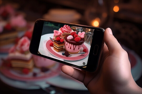 Close-up on woman hands taking photo of a dessert. Food photography with smart phone. Social media photography.