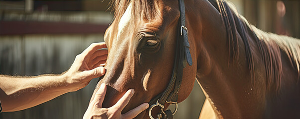Man and horse indoor detail. horse in a stable with backlight.