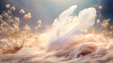 Soft feathers and delicate flora bask in a serene glow, conveying a sense of peace and gentle elegance