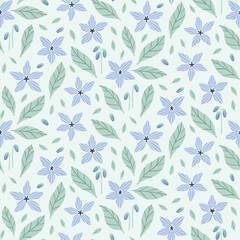 Fototapeta na wymiar Seamless vector pattern with borage flowers, buds, and leaves in blue and green on a mint green background. Modern hand-drawn floral design with cottagecore vibes for digital paper, fabric, wallpaper.