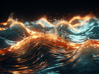Fiery waves of liquid gold surge with energy, captured in a stunning display of dynamic ocean art.