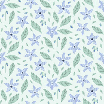 Seamless vector pattern with borage flowers, buds, and leaves in blue and green on a mint green background. Modern hand-drawn floral design with cottagecore vibes for digital paper, fabric, wallpaper.
