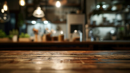 Fototapeta na wymiar Generative AI, empty wooden tabletop on blurred modern kitchen background with copy space 