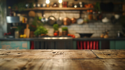 Generative AI, empty wooden tabletop on blurred modern kitchen background with copy space	
