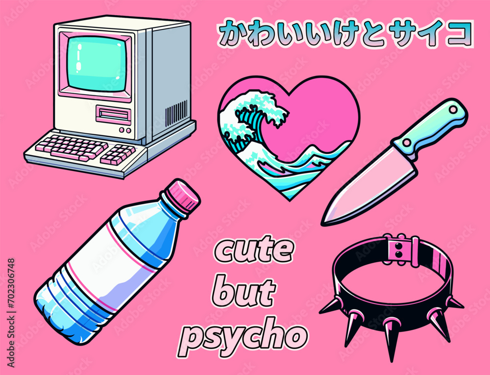 Poster set of vector y2k fashion elements for patches and stickers in pastel colors. a retro computer, a kn