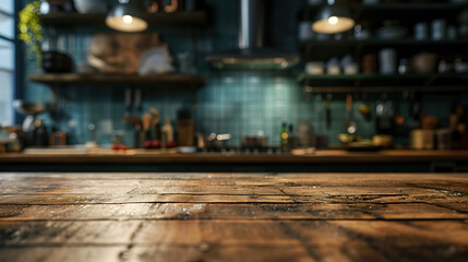 Generative AI, empty wooden tabletop on blurred modern kitchen background with copy space	

